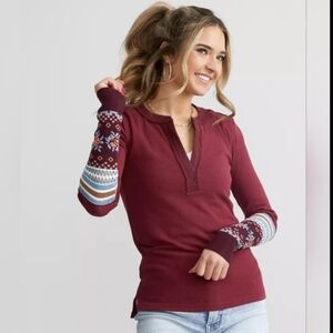 We the Free People Mikah Notch Neck Long Sleeve Crochet Detail Cuff Top S